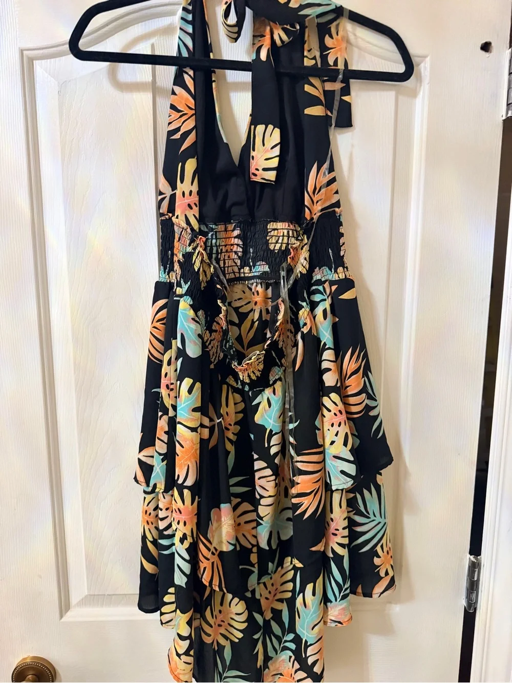 Women’s Tropical Halter Dress in Black, Peach, and Teal. Peacock Dress.